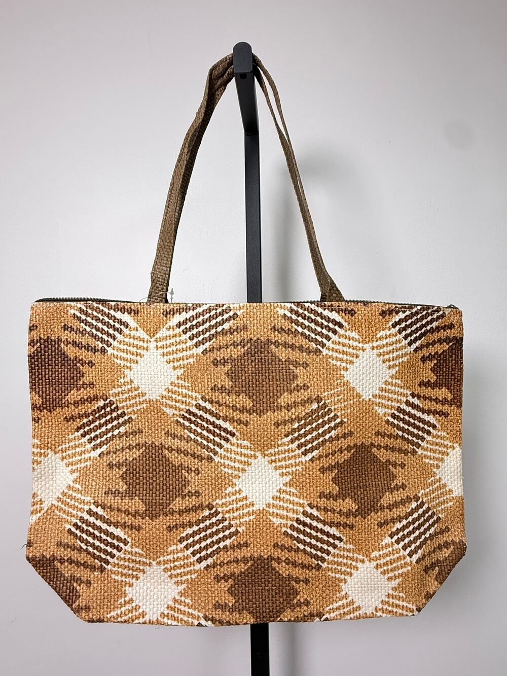 Brown Geometric Woven Tote Bag